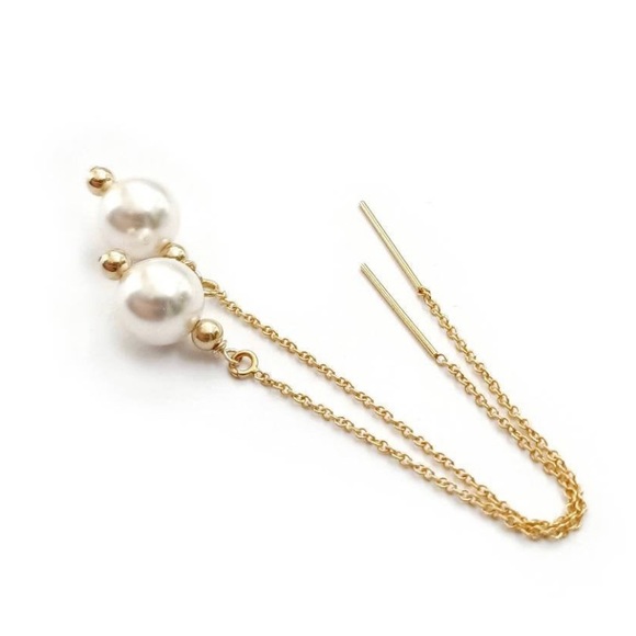Pearl Thread earrings 14k gold filled Threader natural pearl handmade - Picture 2 of 3